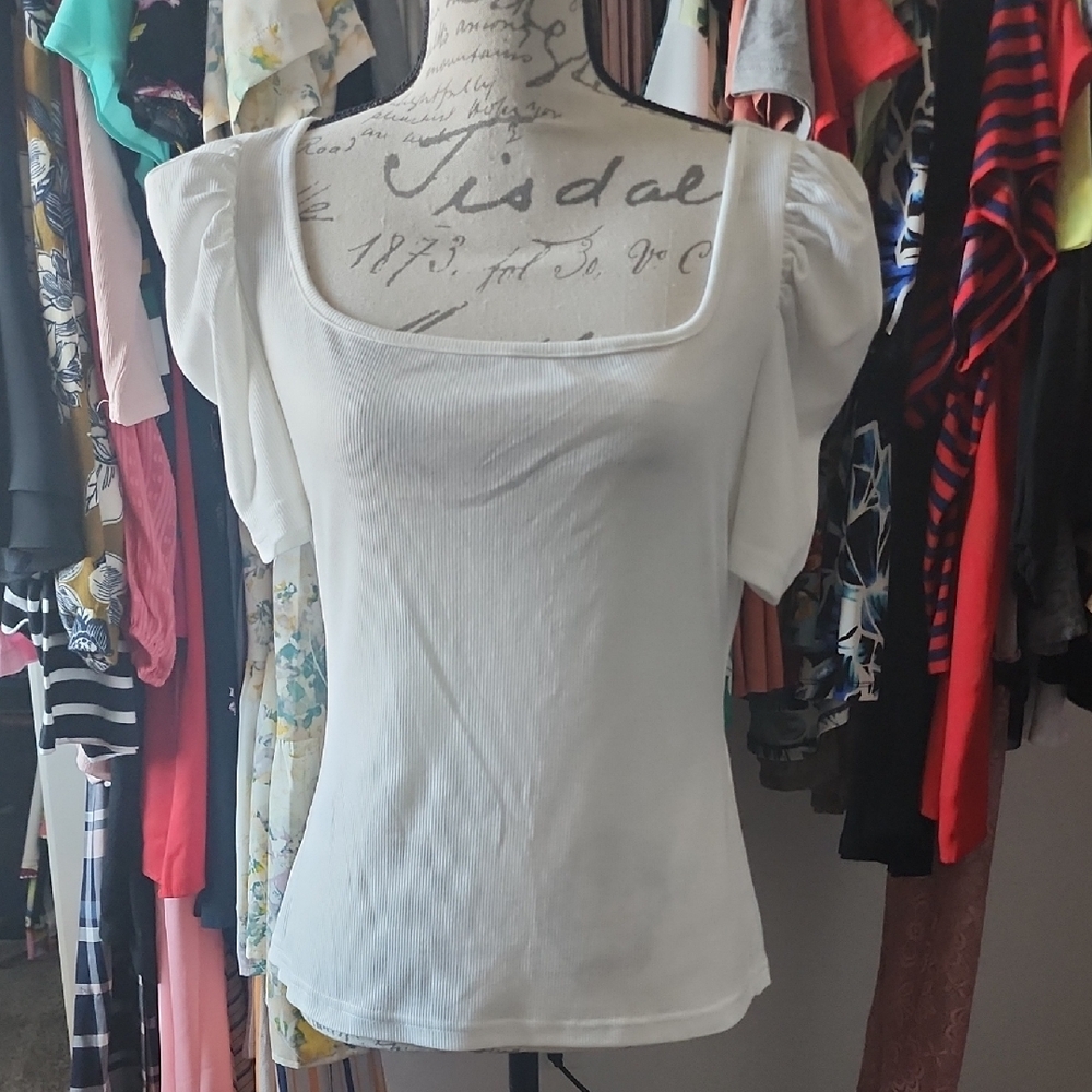 SHEIN White Square Neck Puff Sleeve Blouse